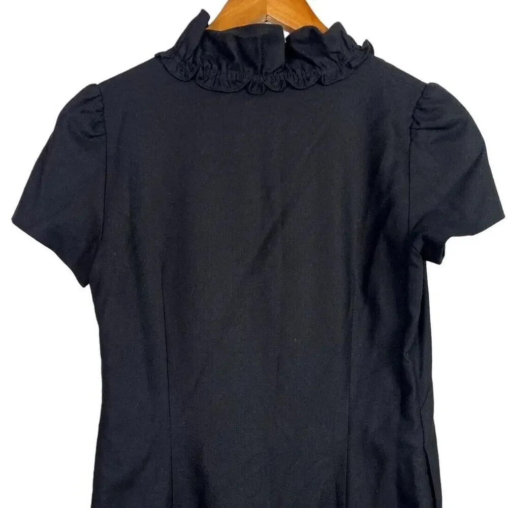 J. Crew Madeline Ruffle Collar Wool Short Sleeve Dress Pockets Side Zip 2 Black